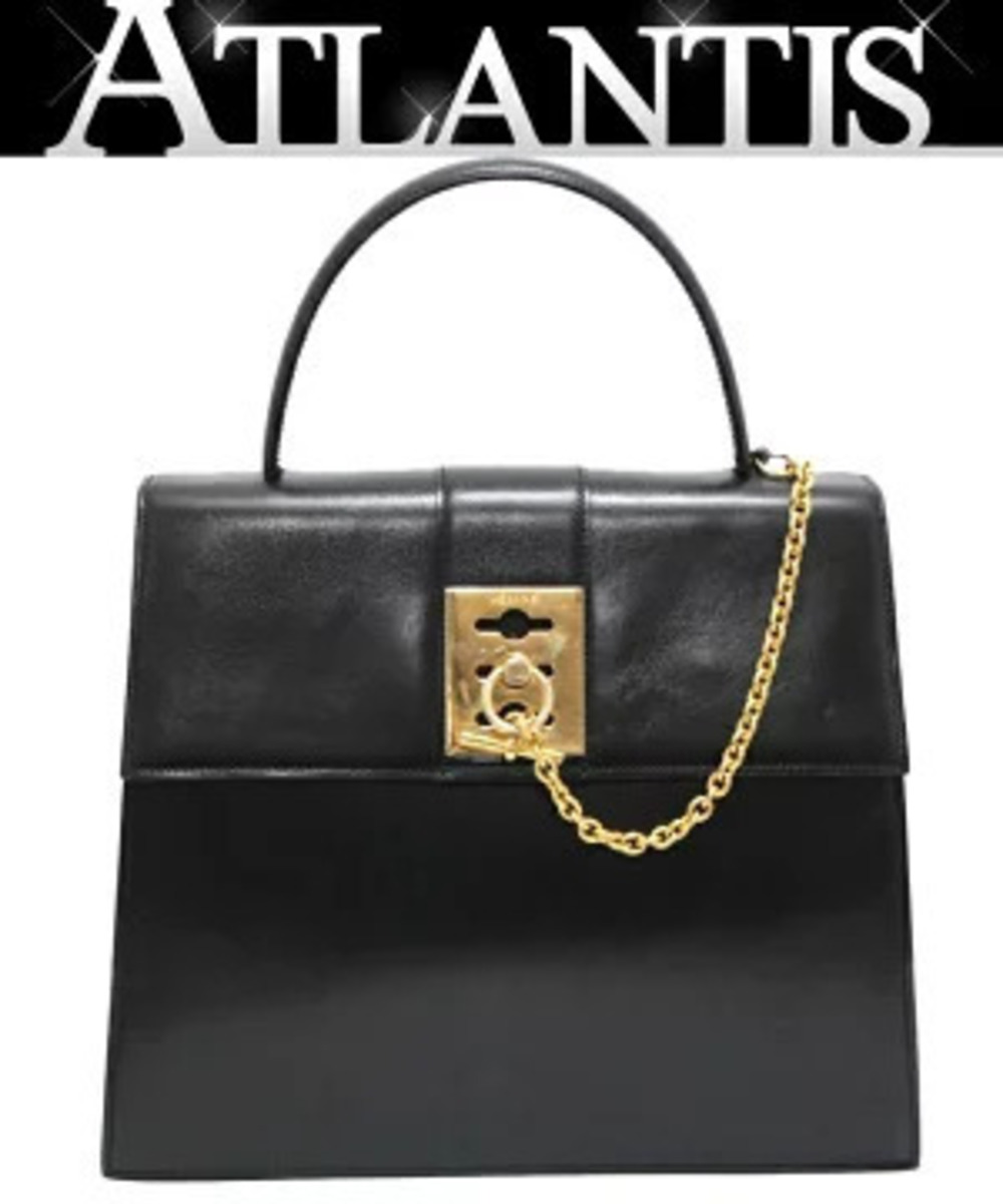 Celine Handbag Chain Lock Leather Black